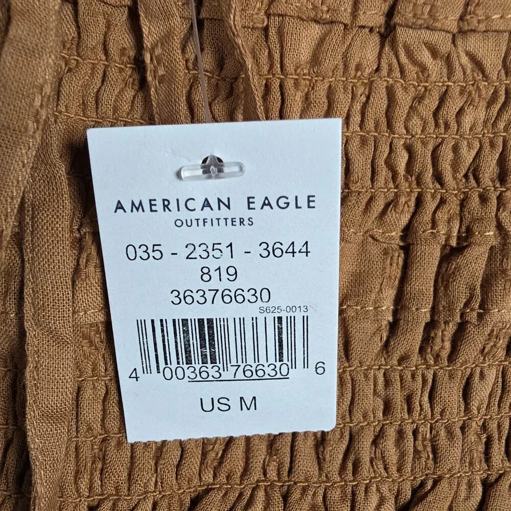 American Eagle Blouse Top Womens Medium Brown Smocked Cropped Peasant Picnic NWT